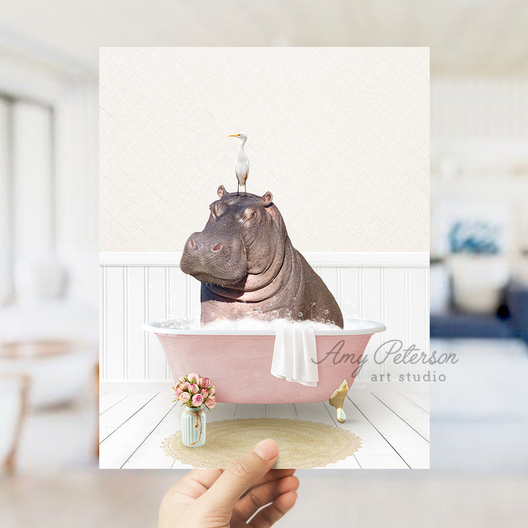 a hippo in a bathtub with a bird on top of it