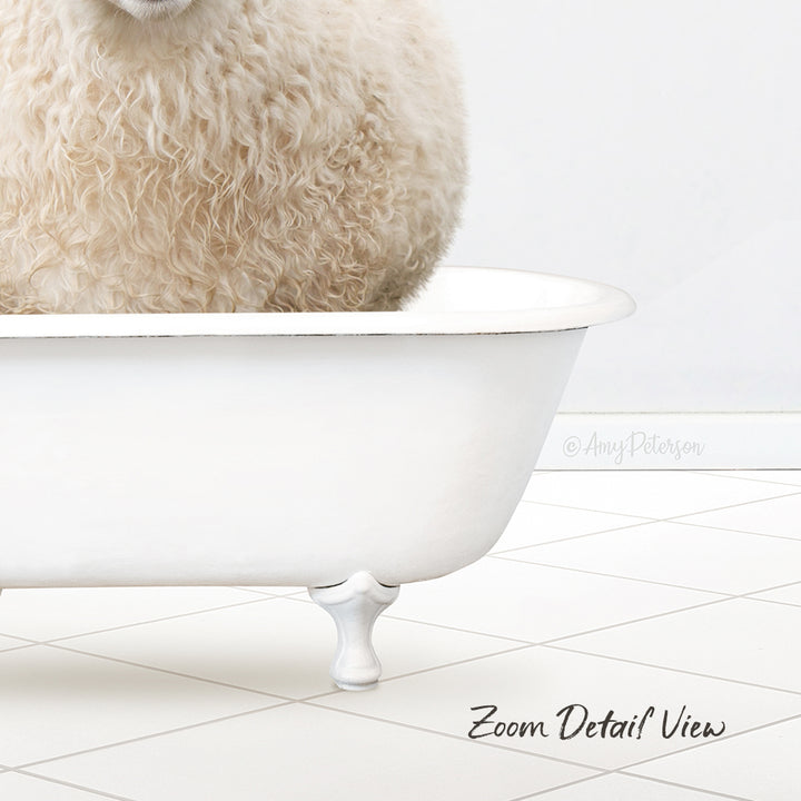 A fluffy white sheep is sitting in a white bathtub, with a tiled floor visible in the background.