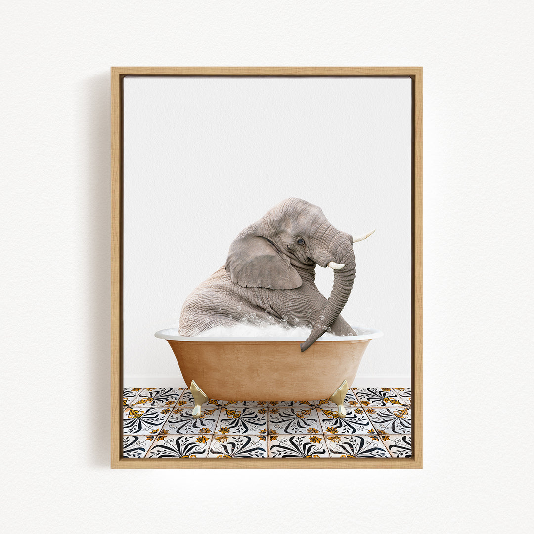 A gray elephant sitting in a brown bathtub filled with water, surrounded by a patterned tile floor.