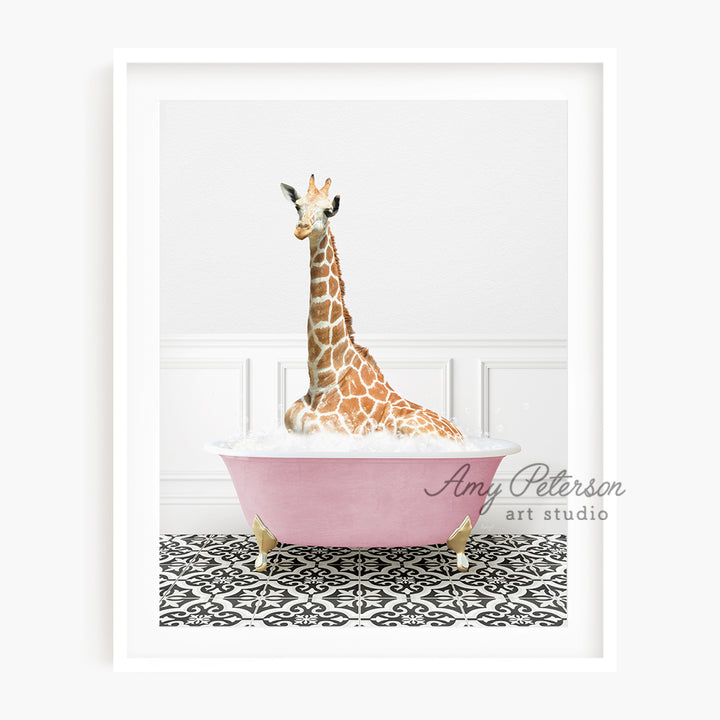 a giraffe is sitting in a bathtub