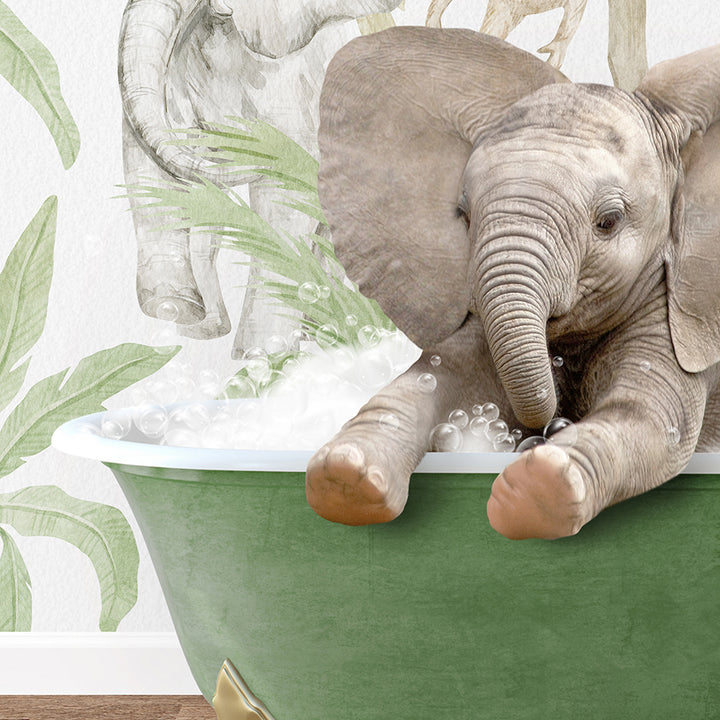 an elephant in a bathtub with a wallpaper behind it