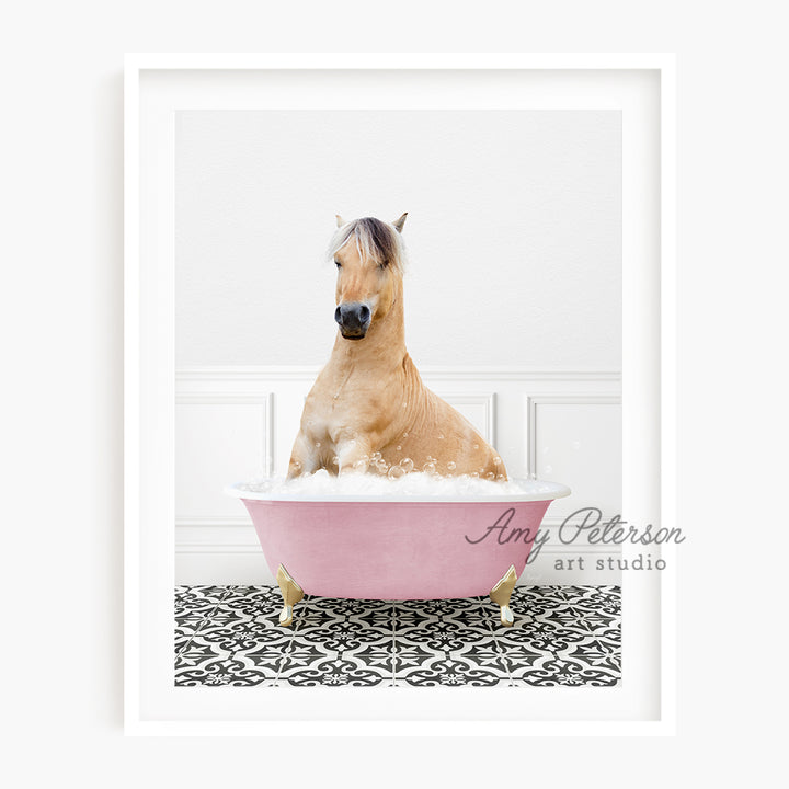 a brown horse sitting in a pink bath tub