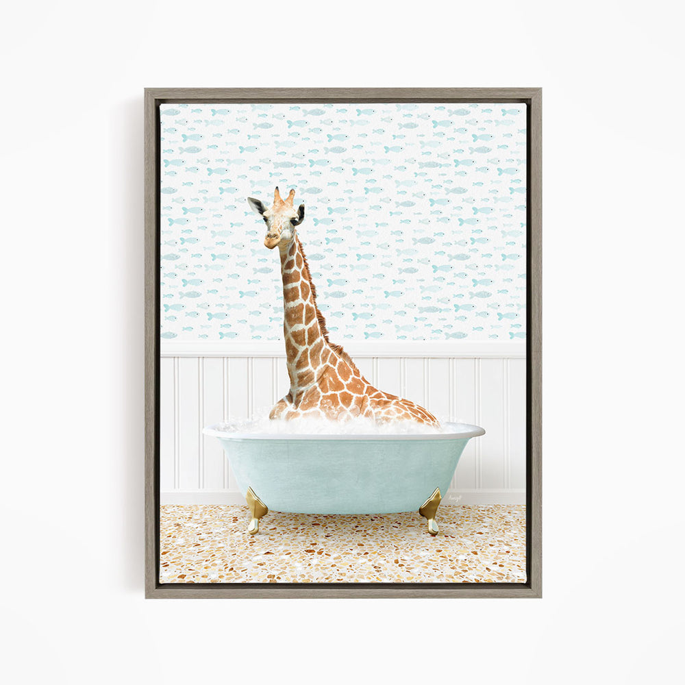 A giraffe sitting in a bathtub filled with bubbles, surrounded by a pattern of fish.