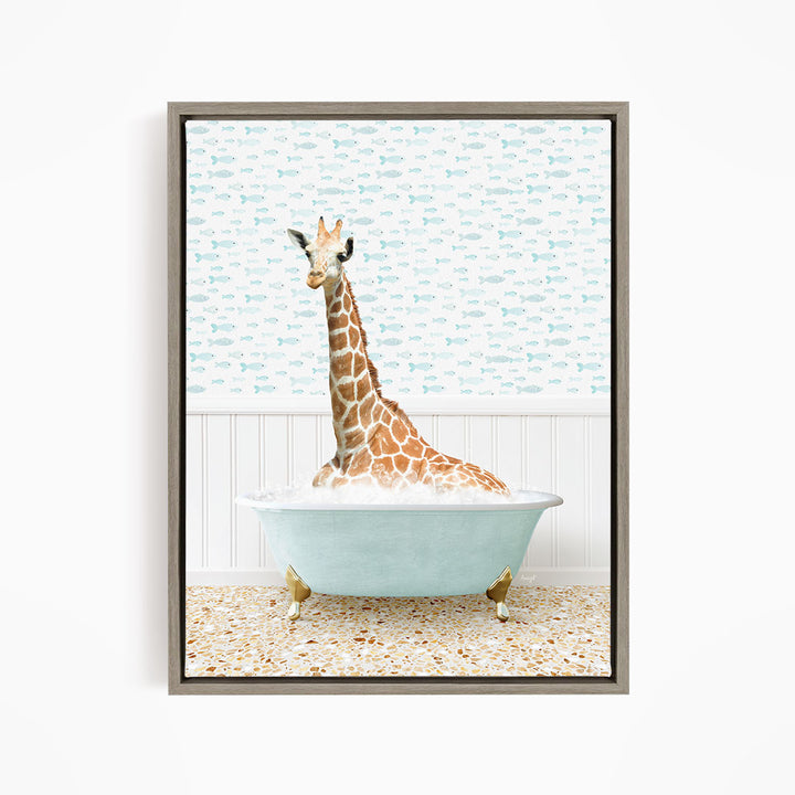 A giraffe sitting in a bathtub filled with bubbles, surrounded by a pattern of fish.
