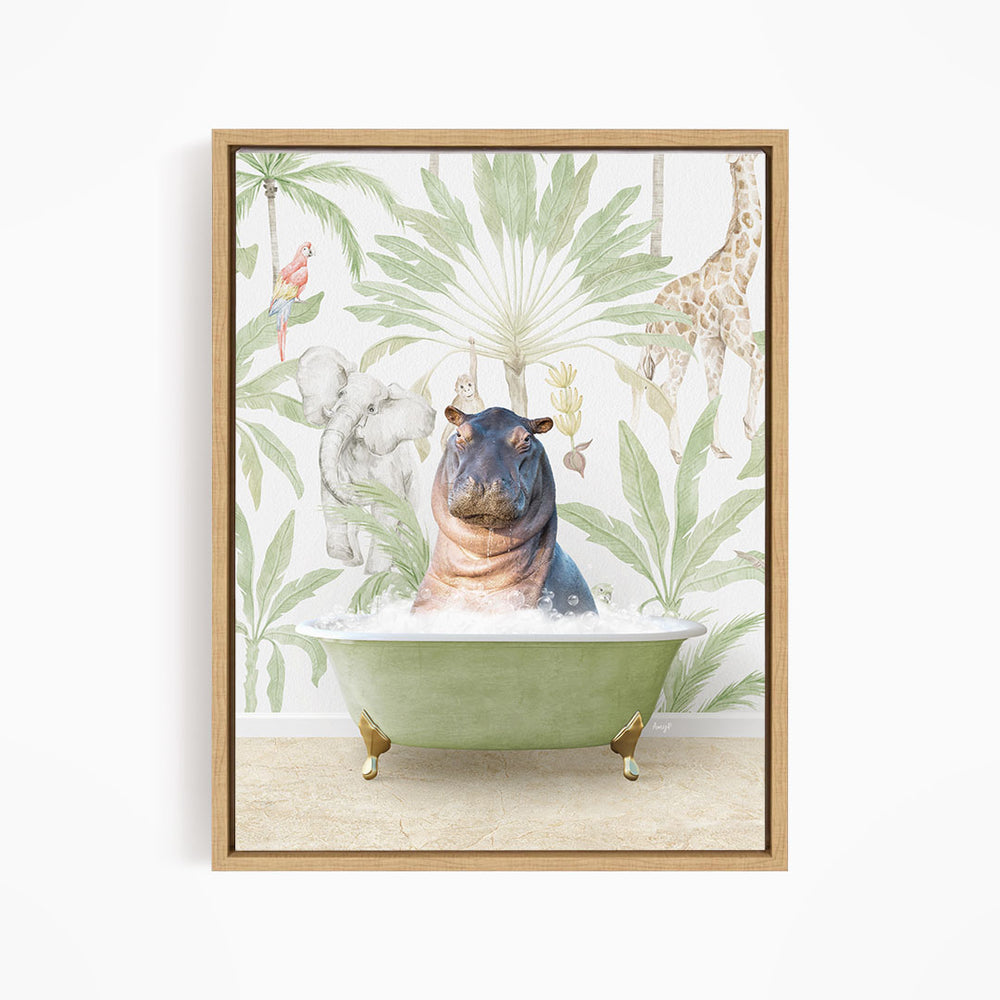 A framed print depicting a hippopotamus sitting in a green bathtub, surrounded by tropical foliage and animals such as a giraffe and a parrot.