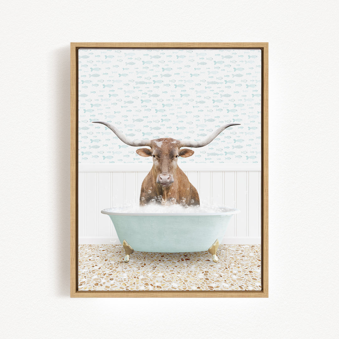 A brown bull with long horns is sitting in a light blue bathtub filled with water, creating a whimsical and playful scene.