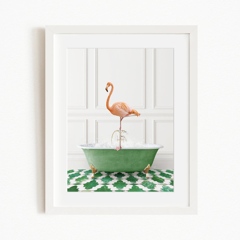 A pink flamingo standing on the edge of a green bathtub filled with water, set against a white wall with a green and white patterned tile floor.