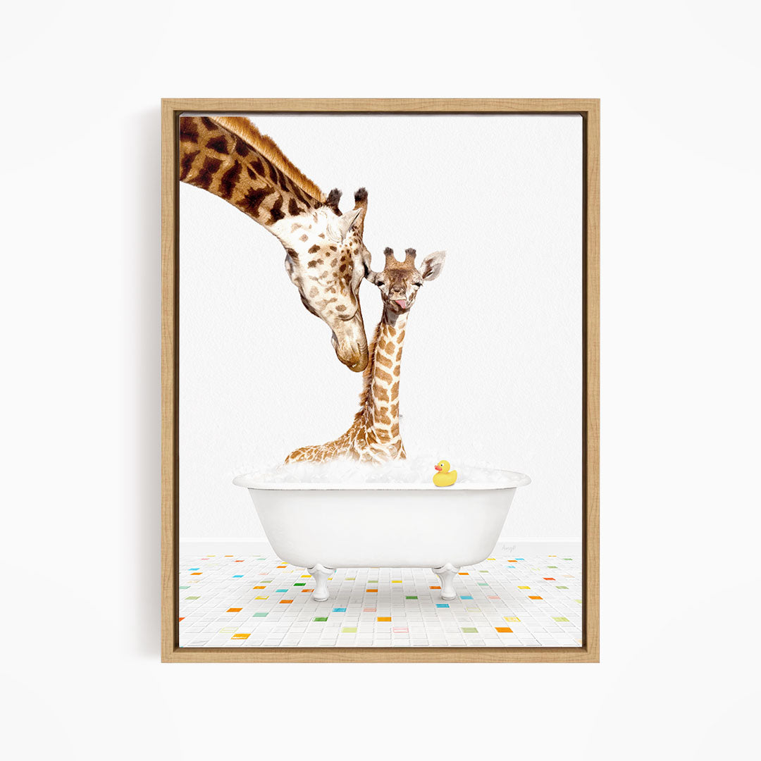 A mother giraffe and her baby giraffe are enjoying a bath together in a white bathtub, with a yellow rubber duck floating in the water.