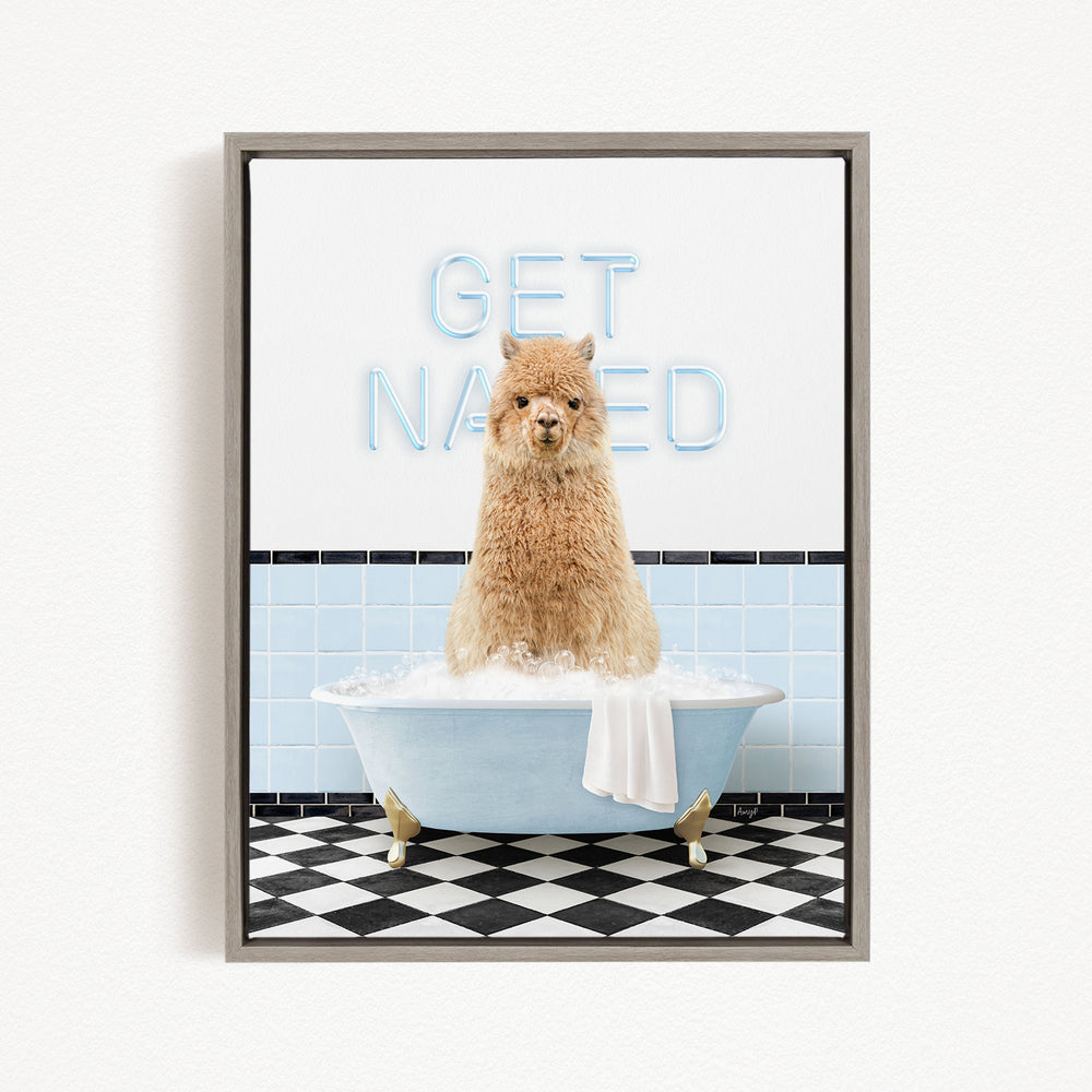 A fluffy brown dog sitting in a blue bathtub with a towel draped over the side, in a bathroom with a checkered floor and a sign that says "GET NAUGED".