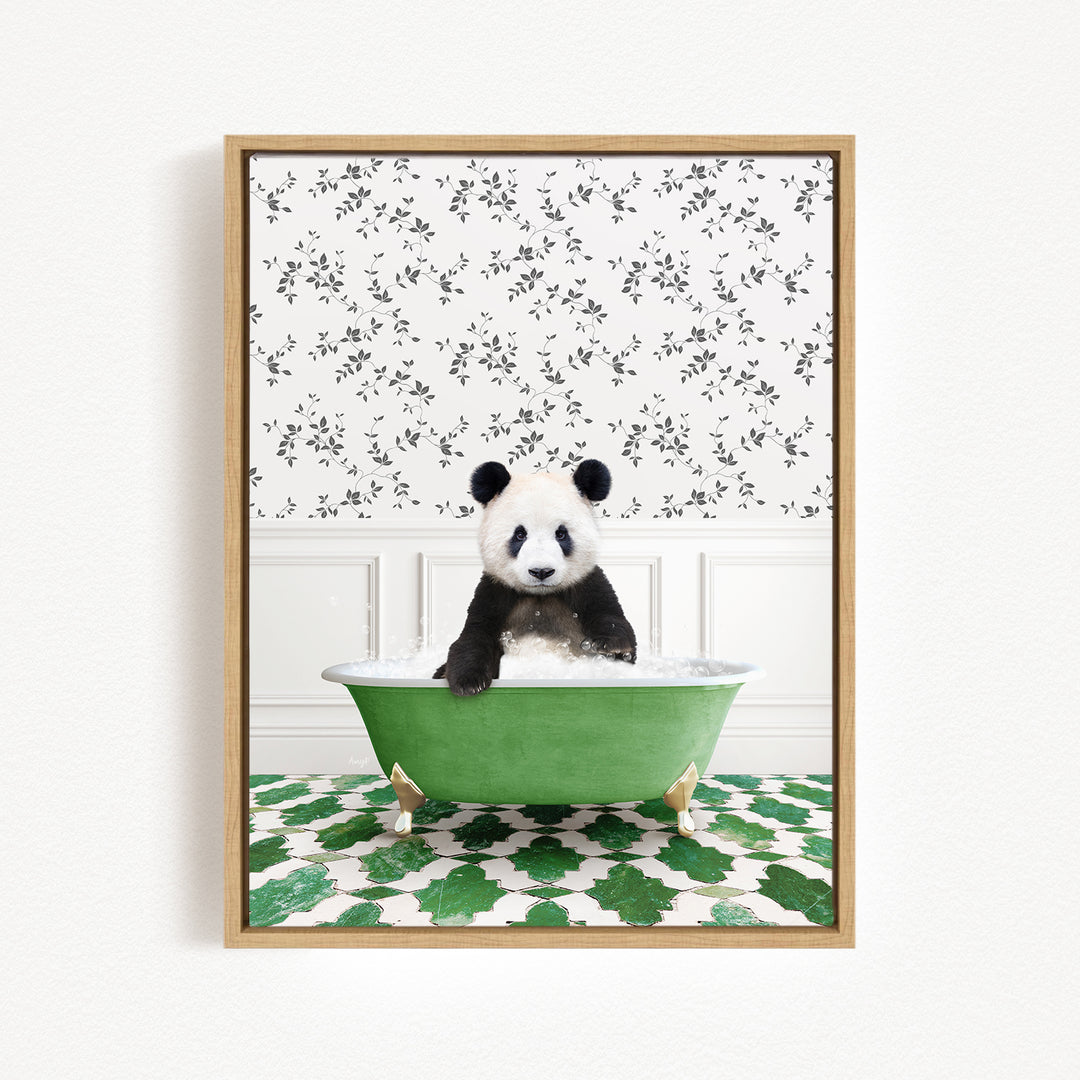 A panda bear sitting in a green bathtub, surrounded by a patterned wall and green and white tiles on the floor.