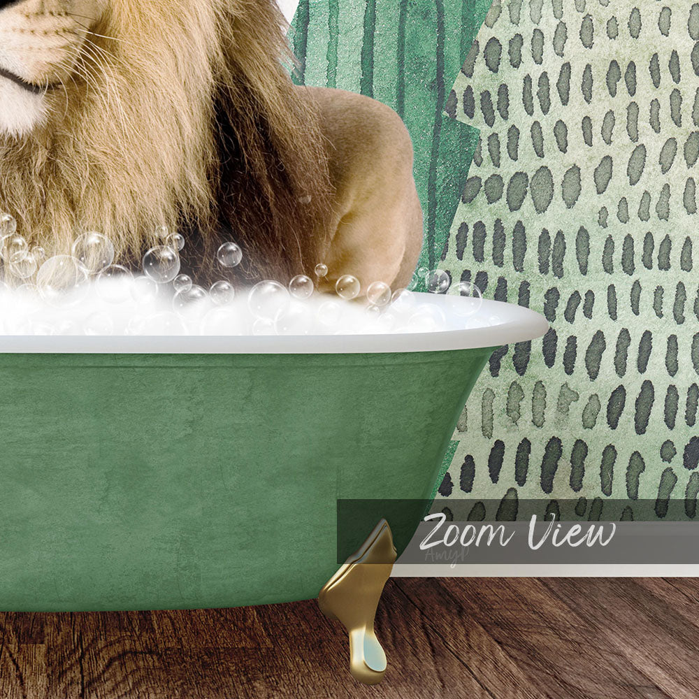 A lion is sitting in a green bathtub filled with bubbles, with a patterned wall in the background.