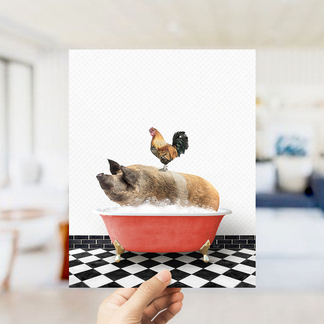 A hand holds up a collage of two images: a pig sitting in a red bathtub with a rooster perched on its back, and a black and white checkered floor in the background.