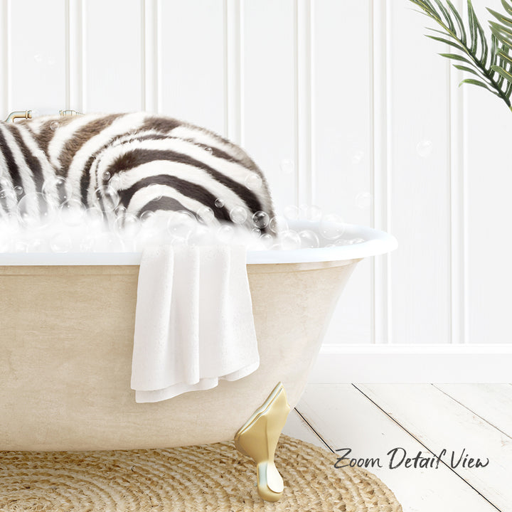 A zebra lying in a bathtub filled with bubbles, with a towel hanging on the side and a plant in the background.