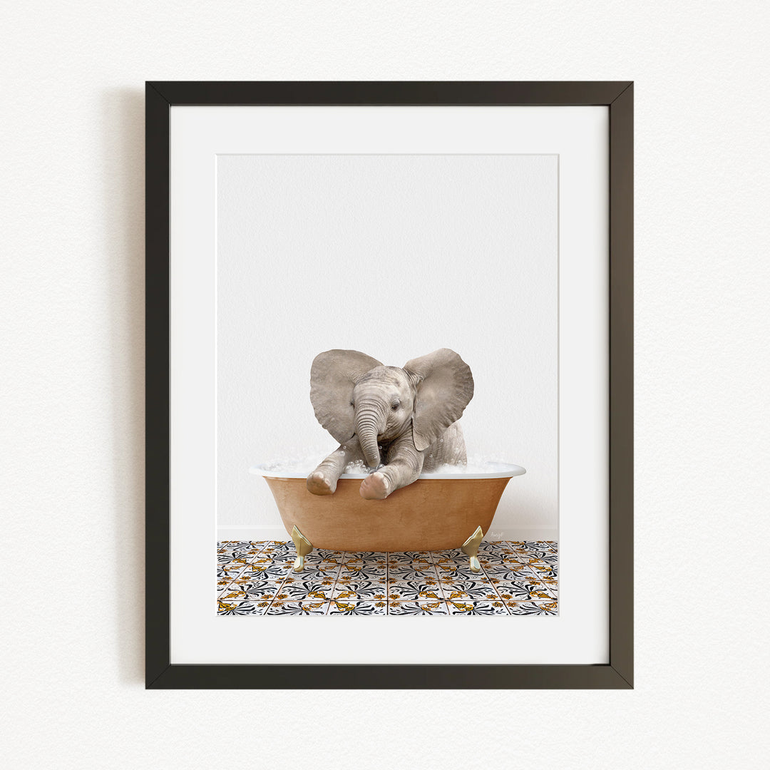 A baby elephant sitting in a bathtub filled with water, surrounded by a patterned tile floor.
