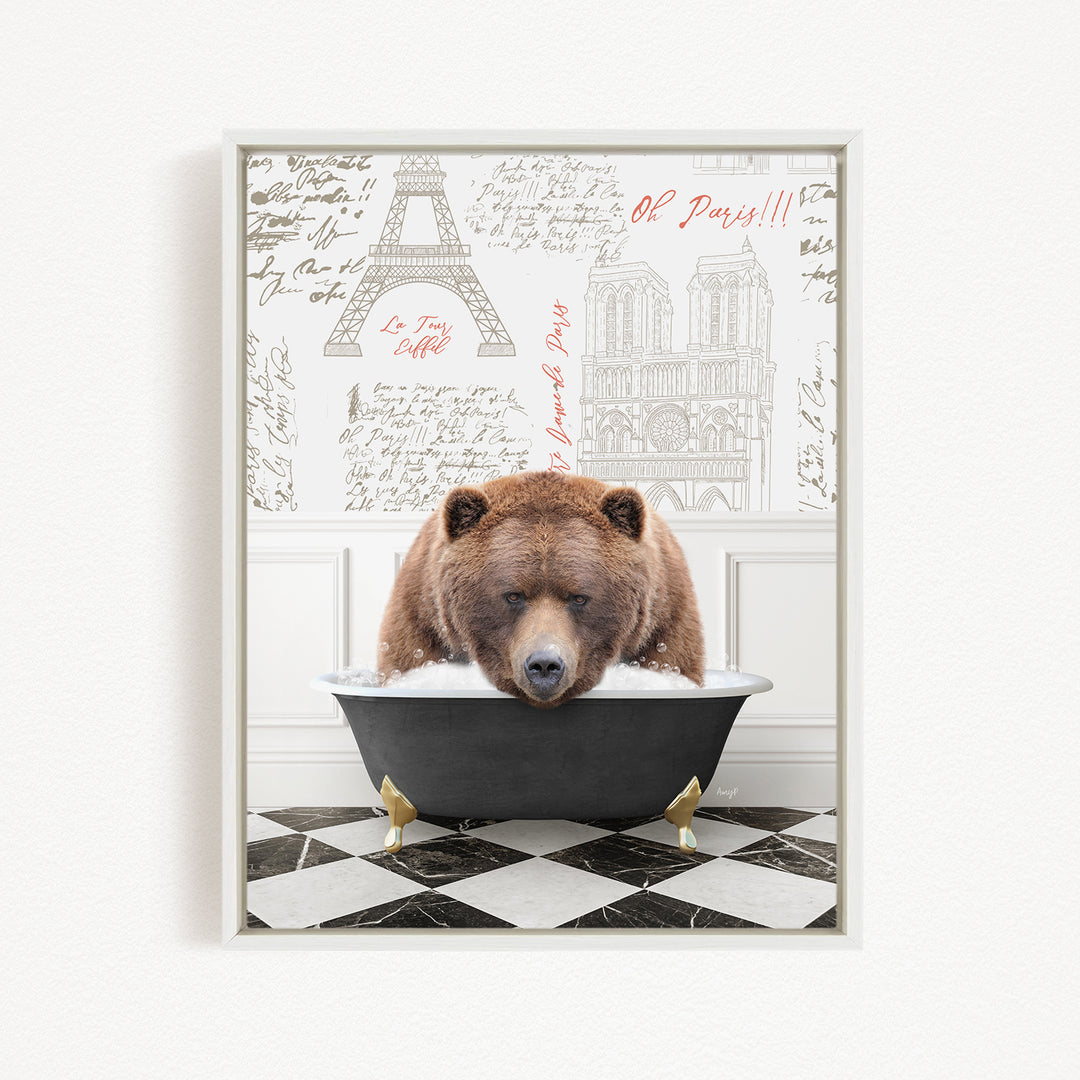 A brown bear is sitting in a bathtub filled with water, surrounded by various texts and illustrations related to Paris.