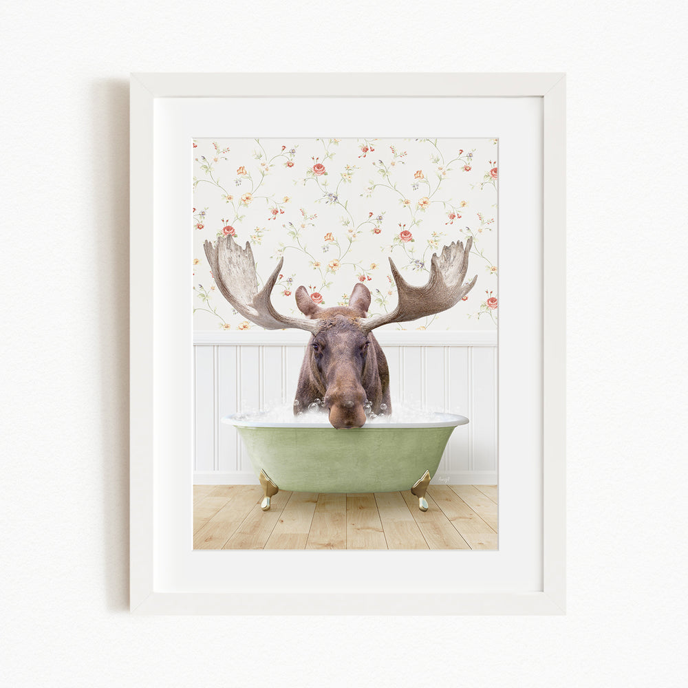A moose with large antlers is sitting in a green bathtub, surrounded by a floral wallpaper.