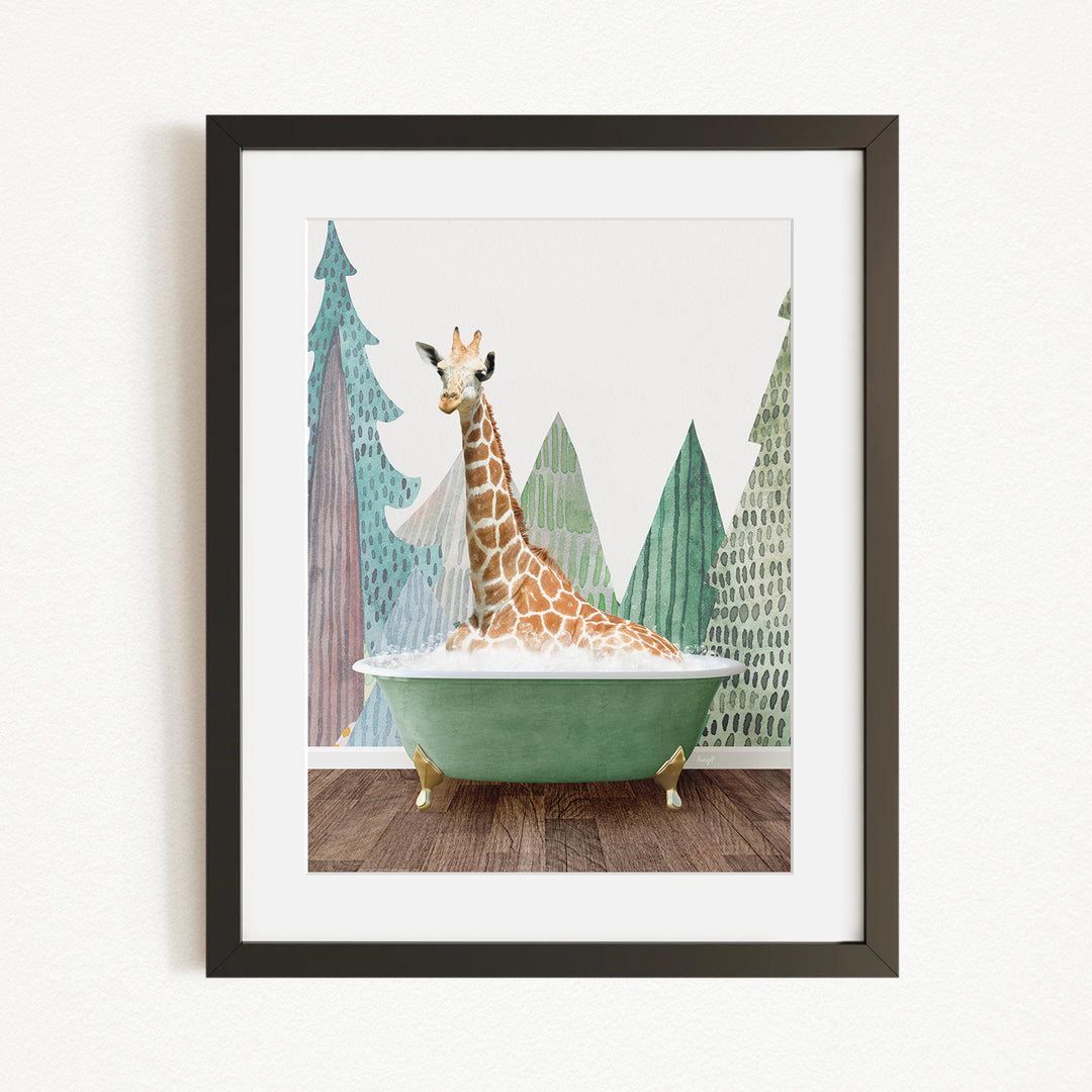 A giraffe sitting in a green bathtub, surrounded by trees and a forest-like background.