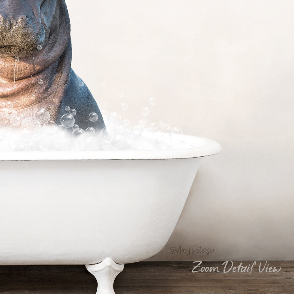 A close-up of a bathtub filled with bubbles, with a seal or sea lion partially submerged in the water.