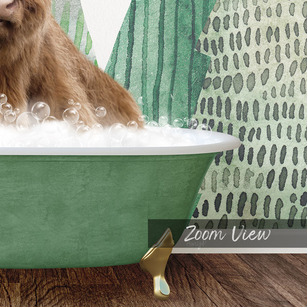 A brown dog is sitting in a green bathtub filled with bubbles, with a patterned wall in the background.