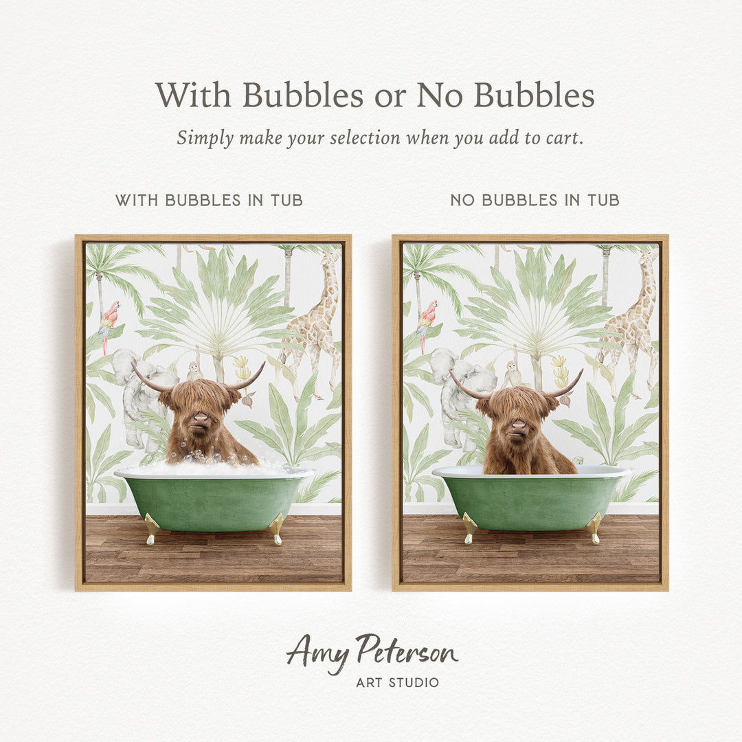 The image is a collage of two pictures featuring a Highland cow sitting in a bathtub. The cow is surrounded by a tropical plant backdrop, creating a whimsical and playful scene.