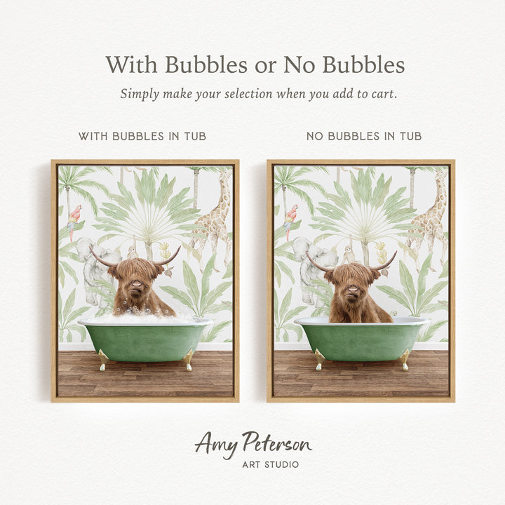 The image is a collage of two pictures featuring a Highland cow sitting in a bathtub. The cow is surrounded by a tropical plant backdrop, creating a whimsical and playful scene.