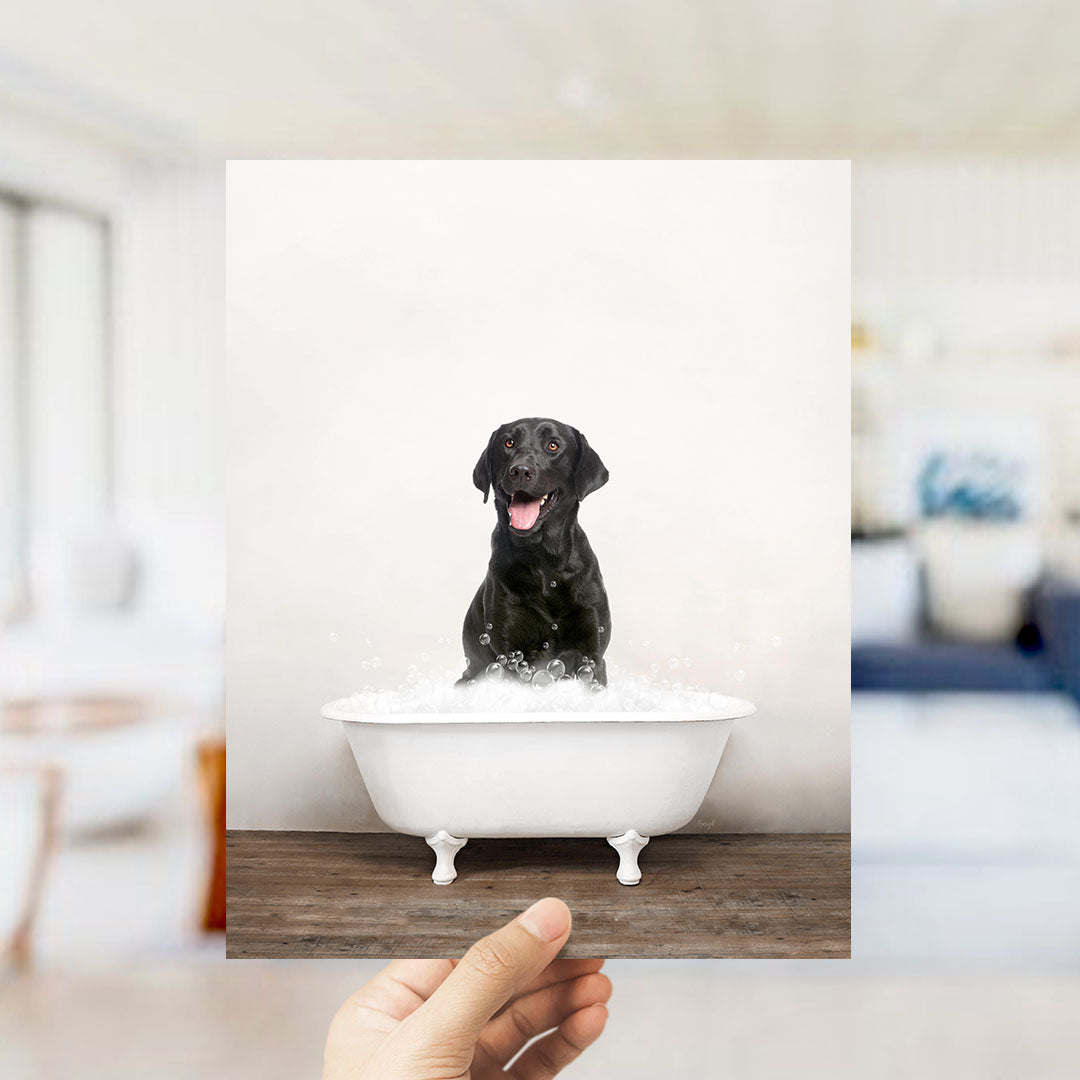 A black dog sitting in a white bathtub filled with water, with bubbles around it, and a person's hand holding the photo in the foreground.
