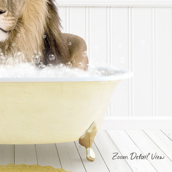 A lion is sitting in a bathtub filled with bubbles, enjoying a relaxing bath.