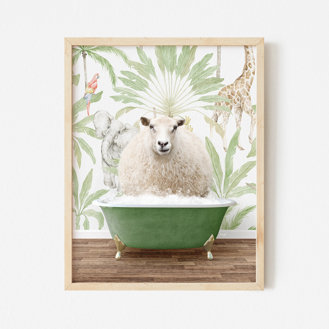 a sheep sitting in a green bath tub