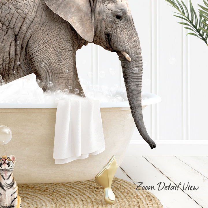 A large elephant is taking a bath in a white bathtub, surrounded by bubbles and a towel, with a tiger standing nearby.
