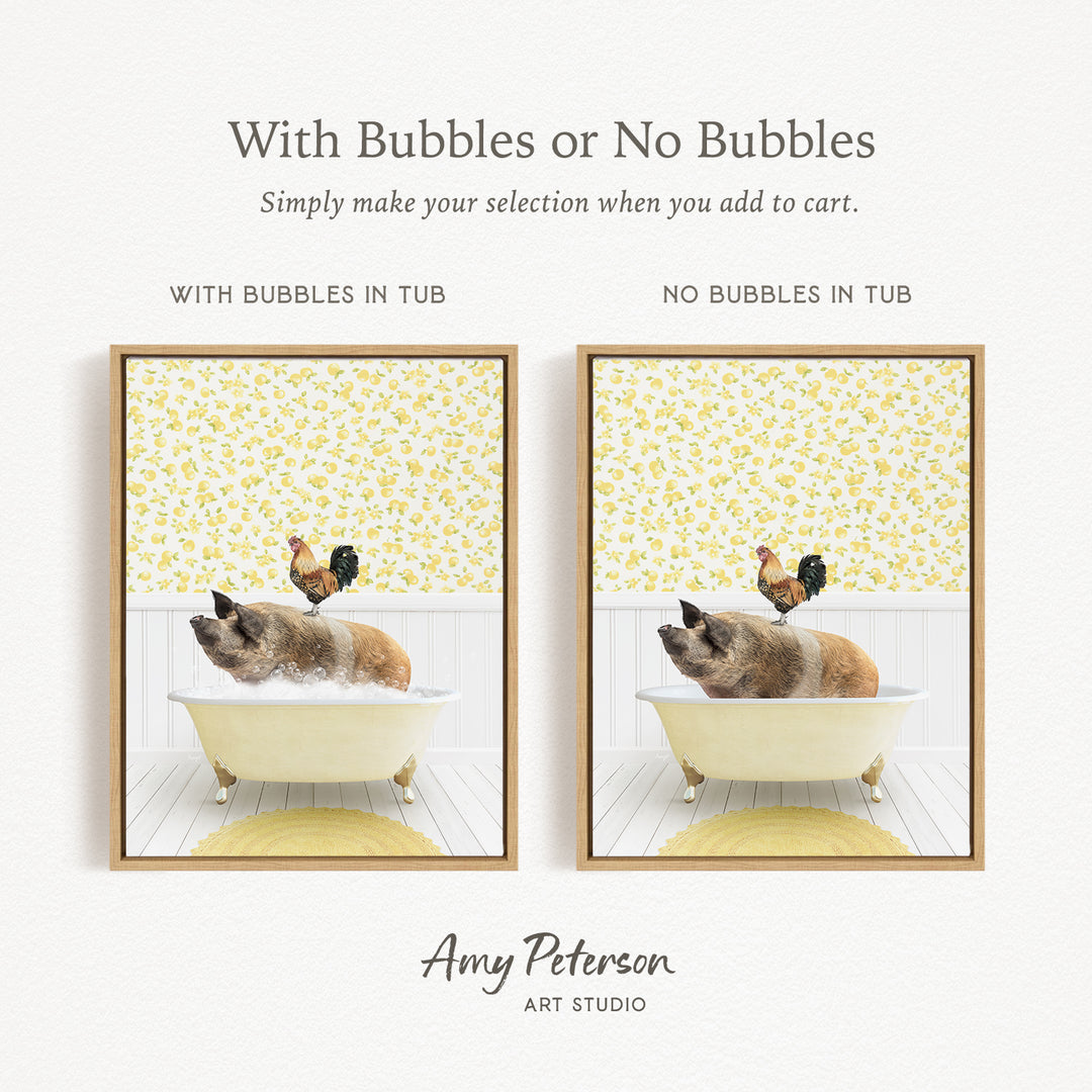 The image is a collage of two pictures, each depicting a pig sitting in a bathtub. The pig in the bathtub has bubbles, while the pig in the other bathtub does not have bubbles. The collage is titled "With Bubbles or No Bubbles" and is created by Amy Peterson from Art Studio.