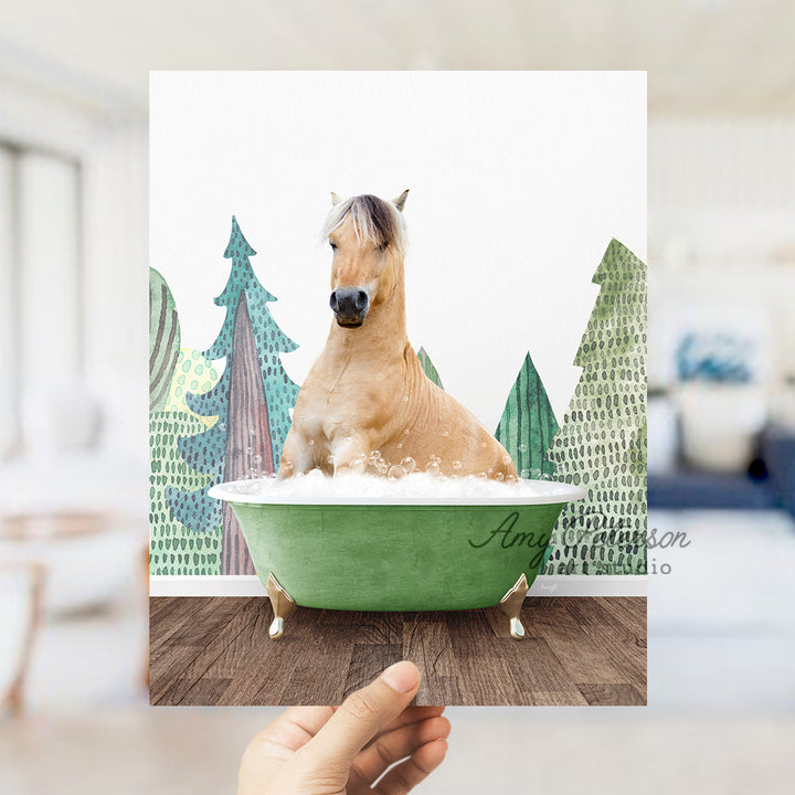 a horse sitting in a green bath tub