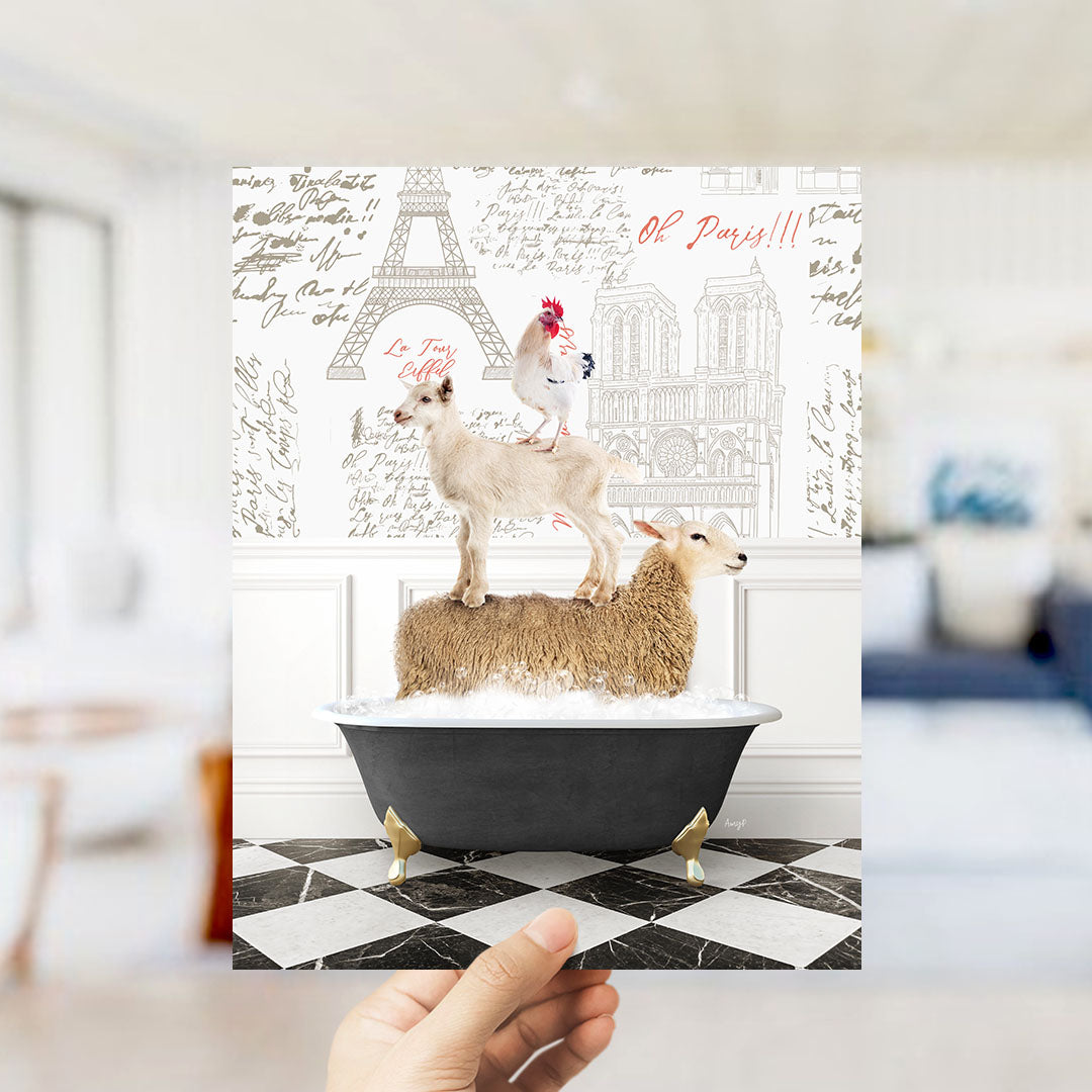 A hand holds up a printed image featuring a goat standing on a sheep in a bathtub, with a rooster perched on the sheep's back. The background includes the Eiffel Tower and other Parisian landmarks.