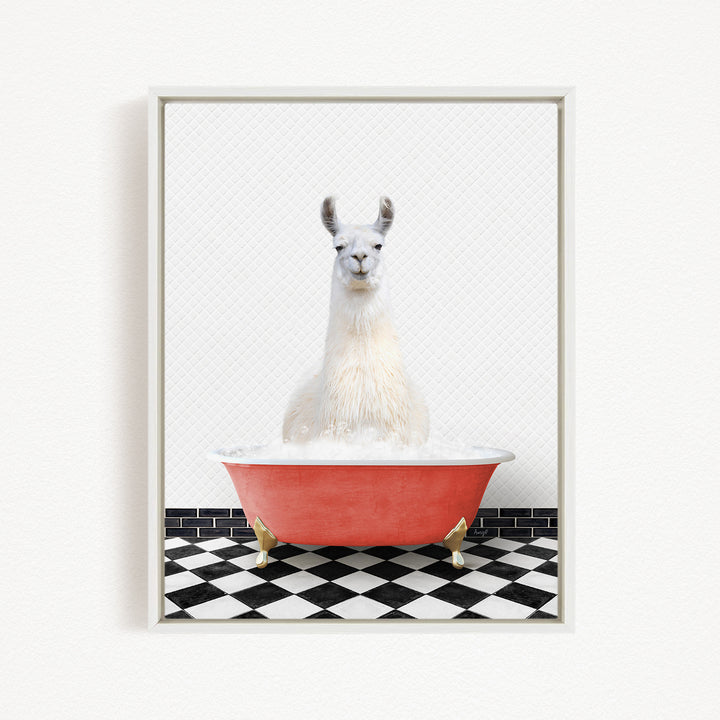 A white llama sitting in a red bathtub filled with bubbles, with a black and white checkered floor in the background.
