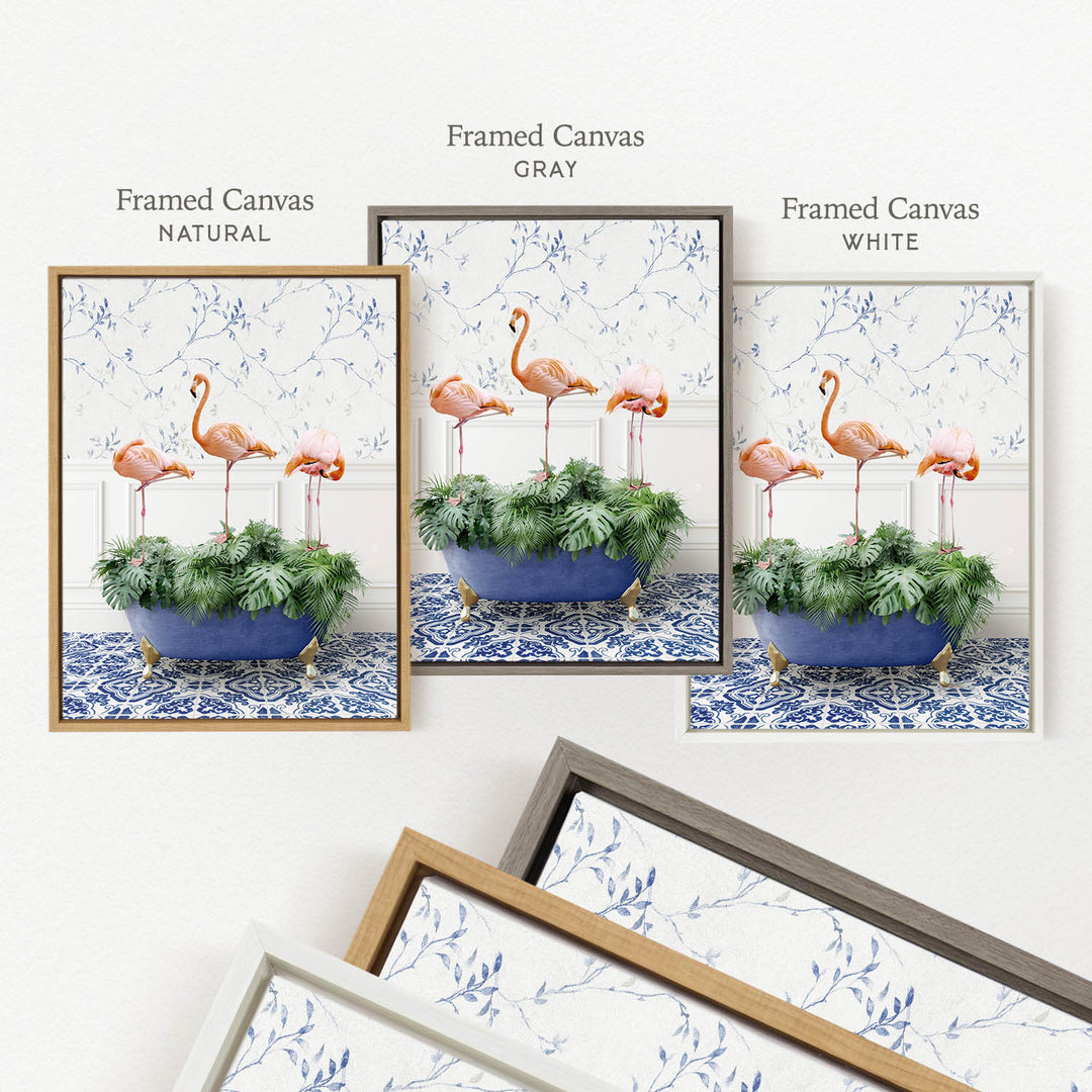 three framed pictures of pink flamingos in a blue and white floral arrangement, each with a different frame color: natural, gray, and white.