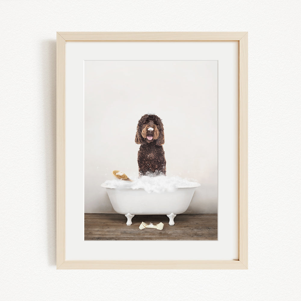 A brown dog standing in a white bathtub filled with water, with a dog toy nearby.