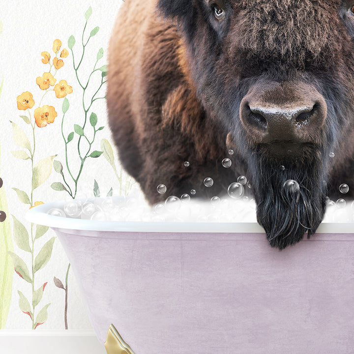 a bison standing in a bathtub with bubbles coming out of it