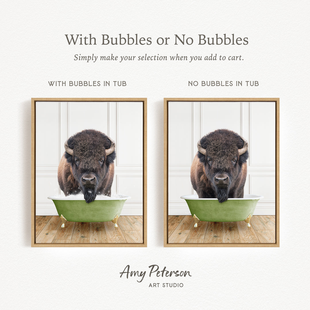 The image is a collage of two pictures featuring a bison in a tub. The first picture shows the bison with bubbles in the tub, while the second picture shows the bison without bubbles in the tub.