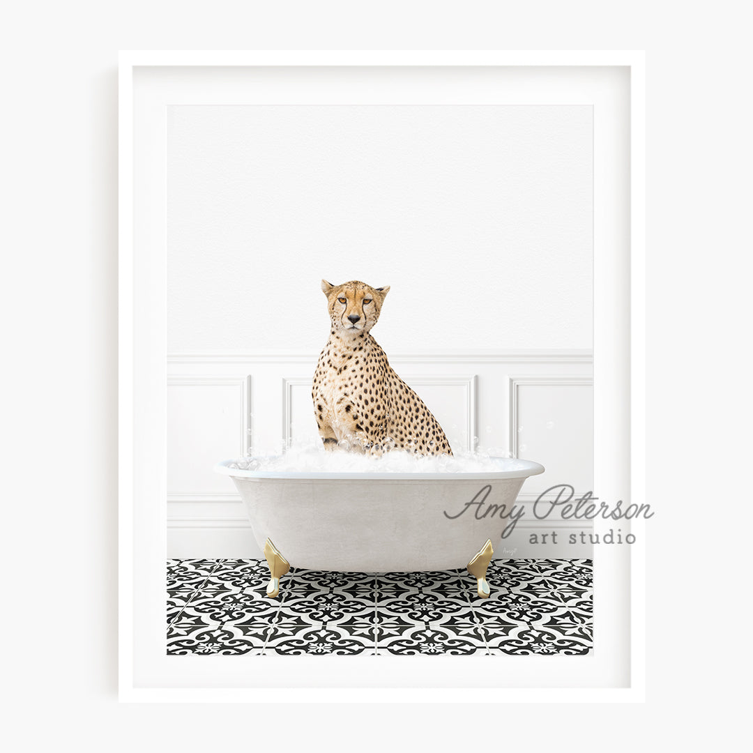 a picture of a cheetah sitting in a bathtub