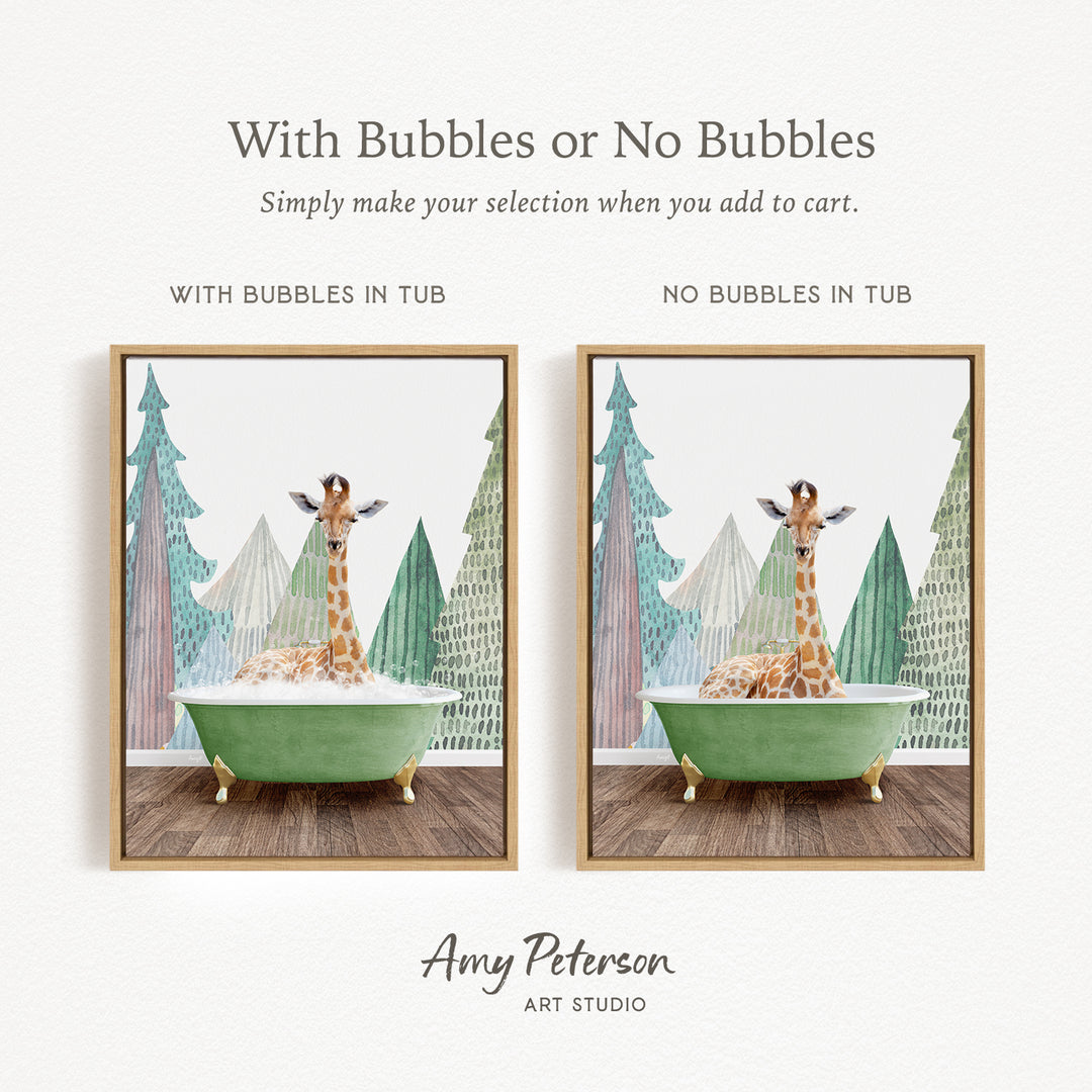 The image is a collage of two pictures featuring a giraffe in a bathtub. The first picture shows the giraffe sitting in the tub with bubbles, while the second picture shows the giraffe sitting in the tub without bubbles.