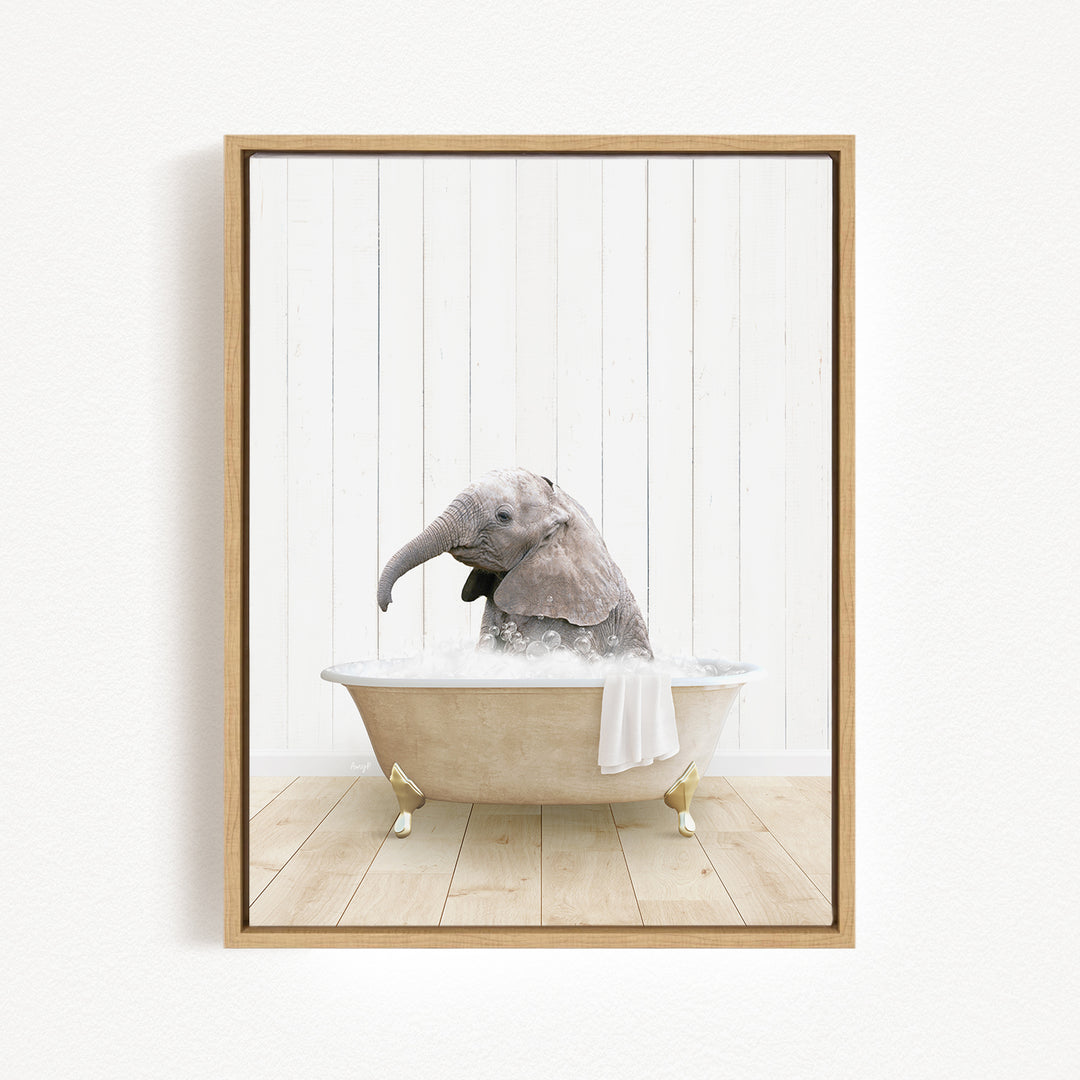 A baby elephant sitting in a bathtub filled with water, surrounded by a wooden background.