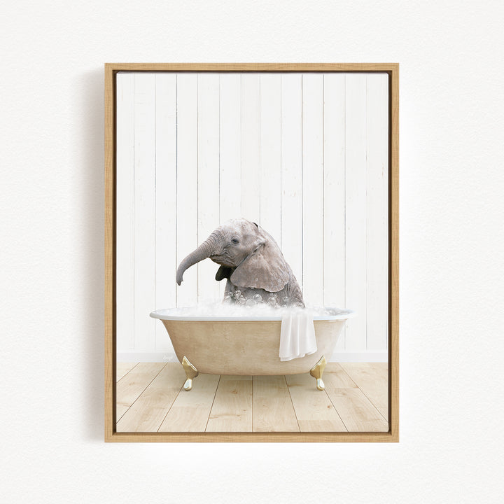A baby elephant sitting in a bathtub filled with water, surrounded by a wooden background.