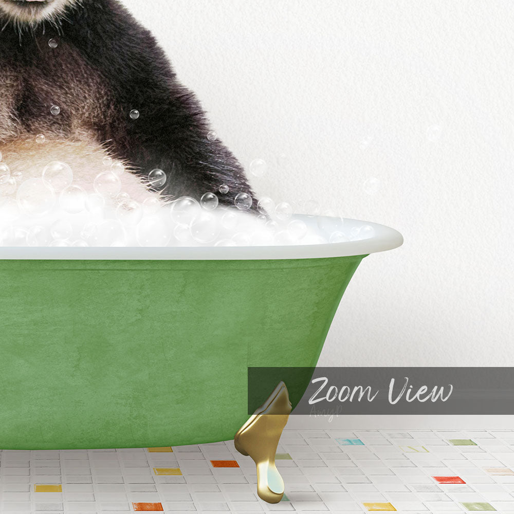 A cat sitting in a green bathtub filled with bubbles, with a text overlay that reads "Zoom View".