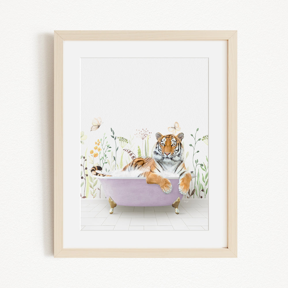 A tiger is sitting in a purple bathtub, surrounded by flowers and butterflies, creating a whimsical and playful scene.