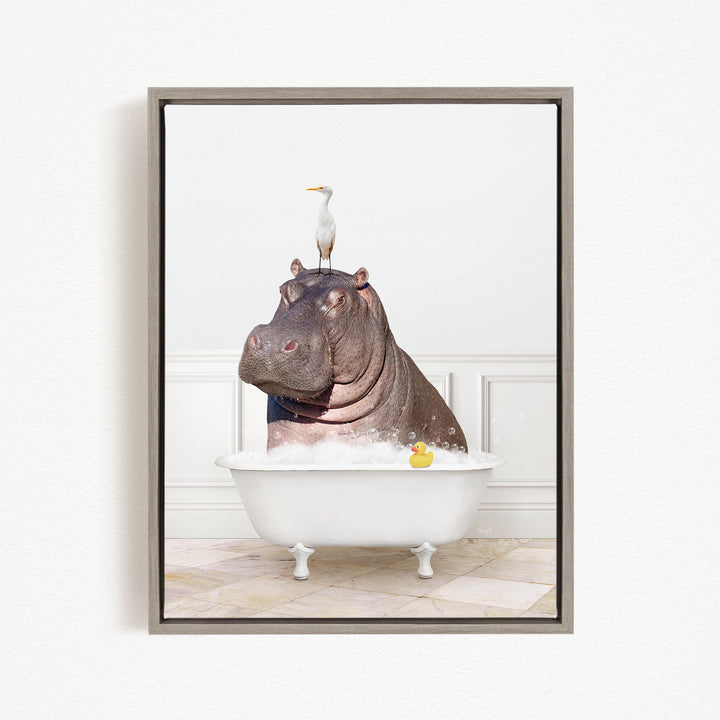 A hippopotamus sitting in a bathtub with a bird perched on its head.