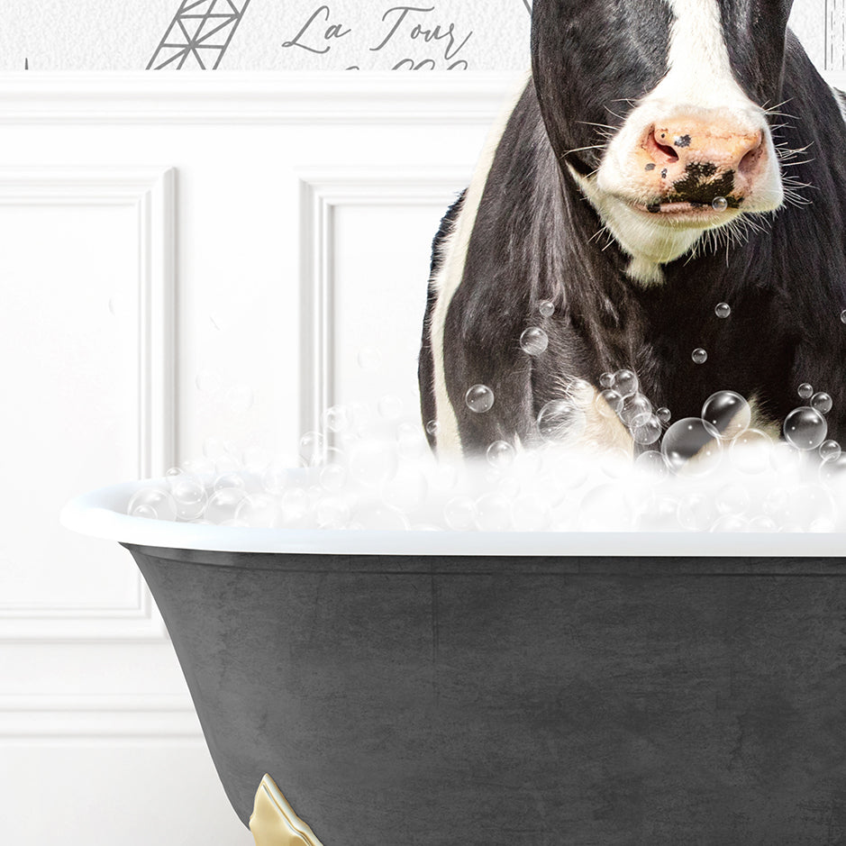 a black and white cow sitting in a bathtub filled with bubbles