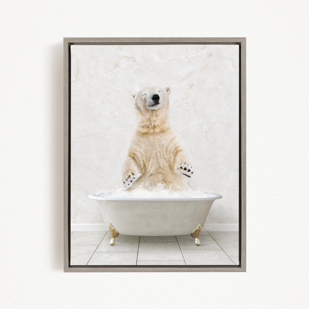 A polar bear standing in a white bathtub filled with water, appearing to be enjoying a bath.