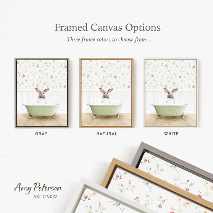 The image is a framed canvas option showcasing three different framed canvas options for a painting of a rabbit in a bathtub.