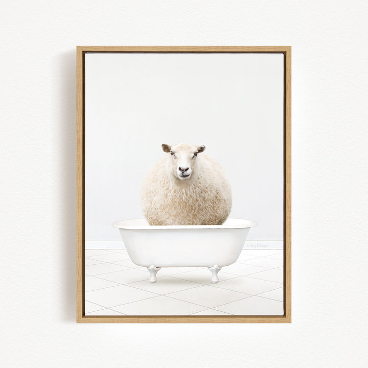 A fluffy white sheep sits in a white bathtub, looking directly at the camera.