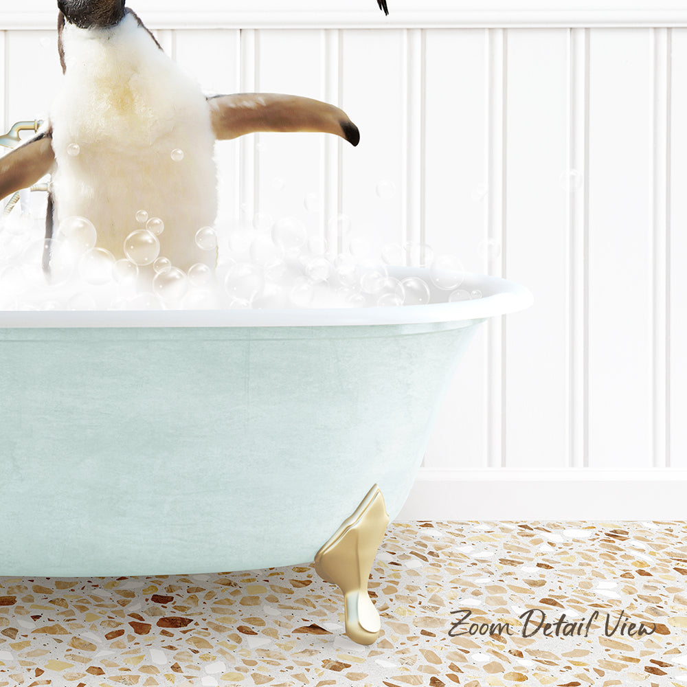 A penguin standing in a bathtub filled with bubbles, with a text overlay that reads "Zoom Detail View".