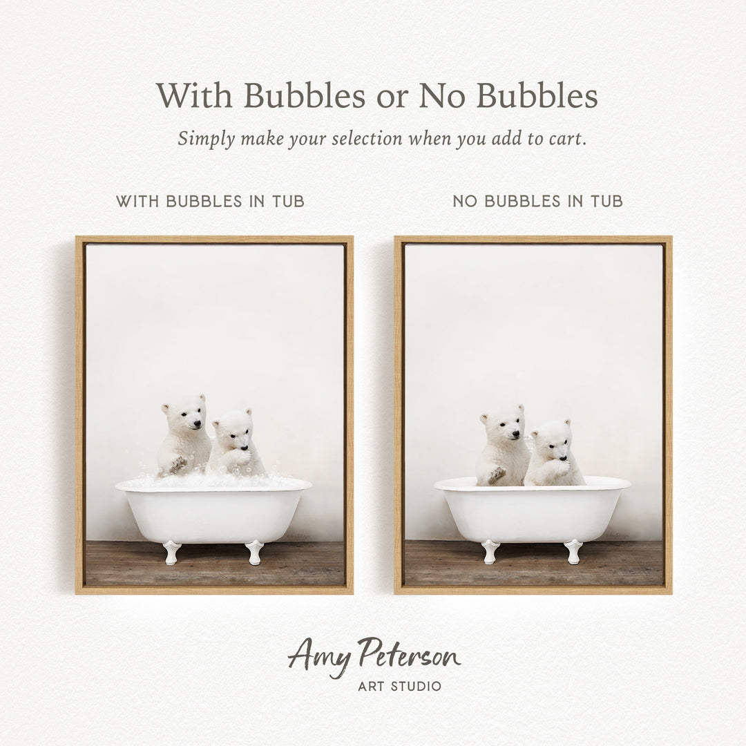 The image is a collage of two pictures, each featuring a white polar bear sitting in a white bathtub. The first picture shows the polar bear sitting in the tub with bubbles, while the second picture shows the polar bear sitting in the tub without bubbles. The text above the images reads "With Bubbles or No Bubbles Simply make your selection when you add to cart."